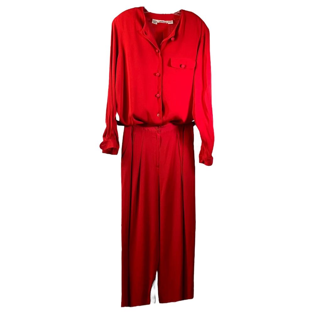 Anne Klein II Pant Suit Womens Sz 10‎ Red Long Sleeve Blouse Button Font